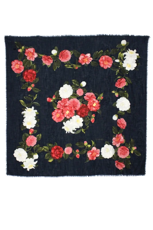 Scarves for urban fashion -Chanel Womens Navy Blue Cashmere Silk Blend Large Camellia Flower Scarf 56x56in