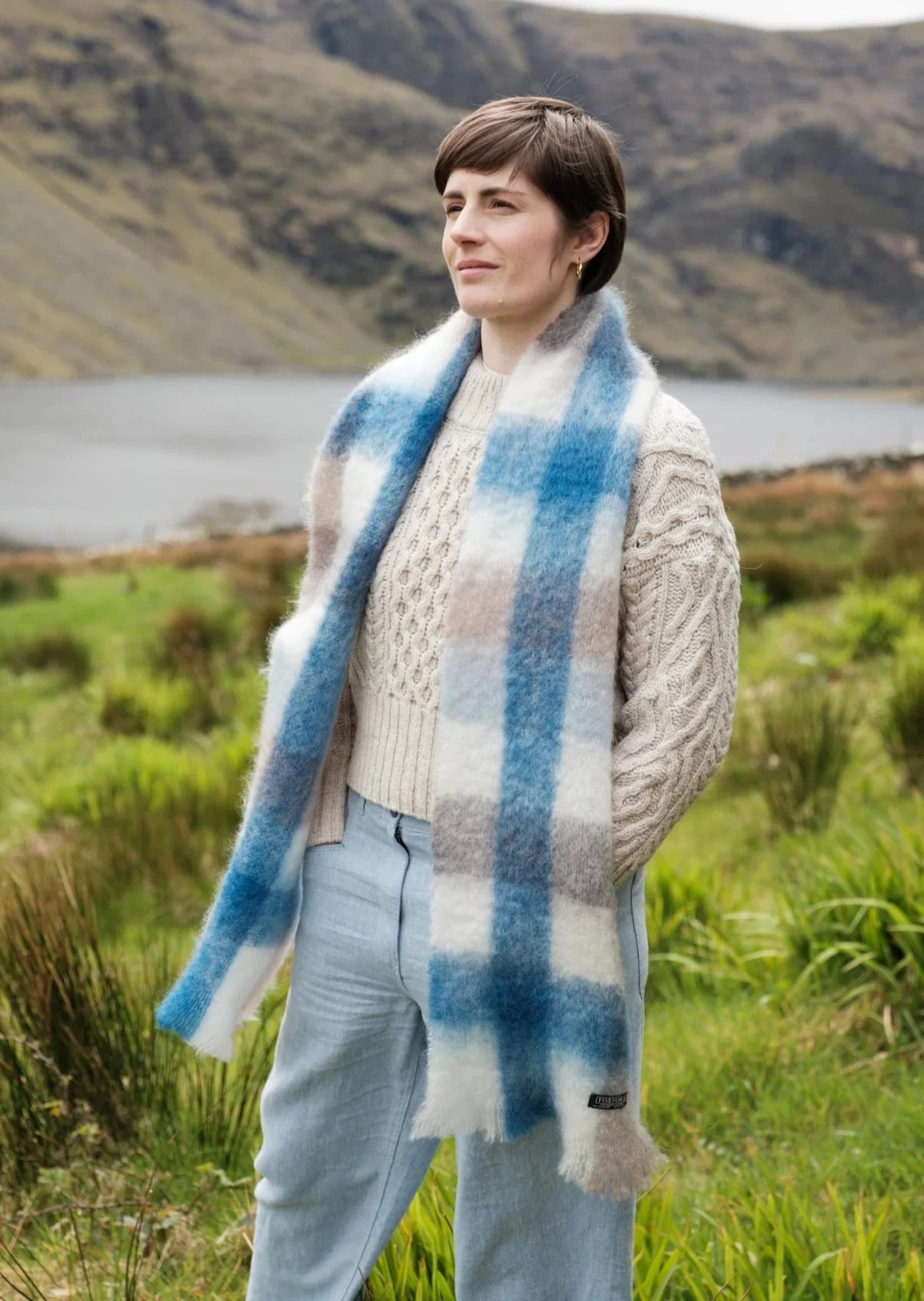 Scarves in sheer styles -Foxford Giant Mohair Scarf | Mink Blue Check