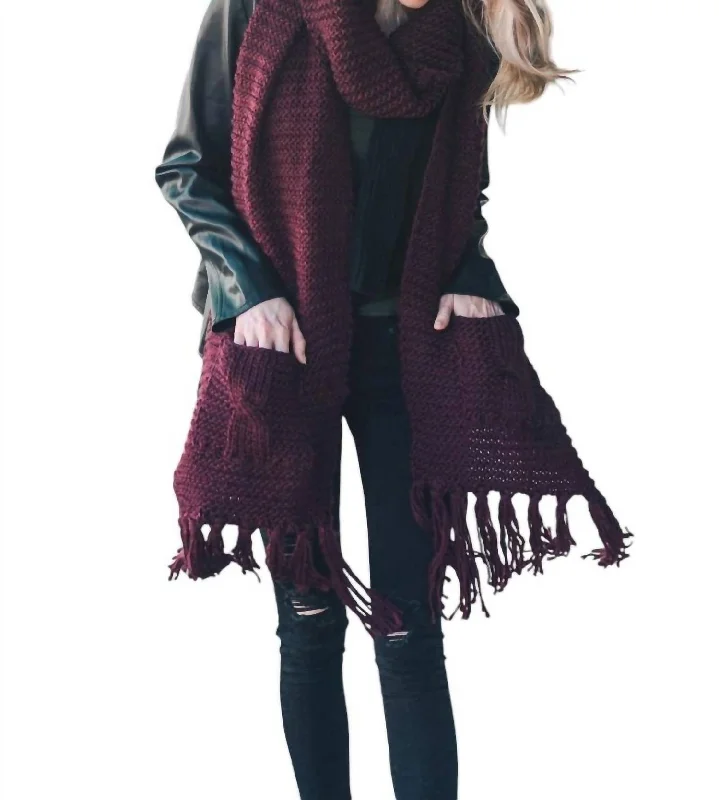 Scarves with simple stripes -Juliana Oversized Two Pocket Tassel Scarf In Burgundy