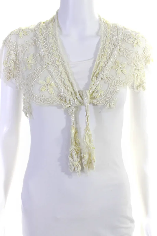 Scarves with old florals -Cassin Womens Mesh Floral Beaded Scalloped Edge Ivory Shawl Wrap