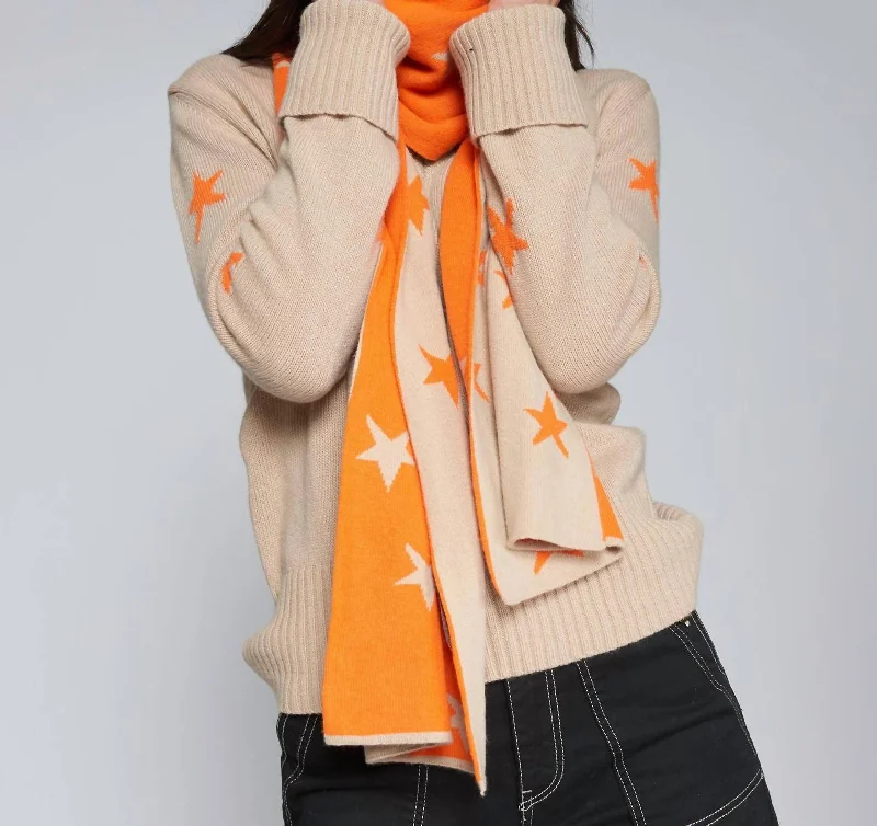 Scarves with swirl designs -Star Scarf In Beige With Orange Stars