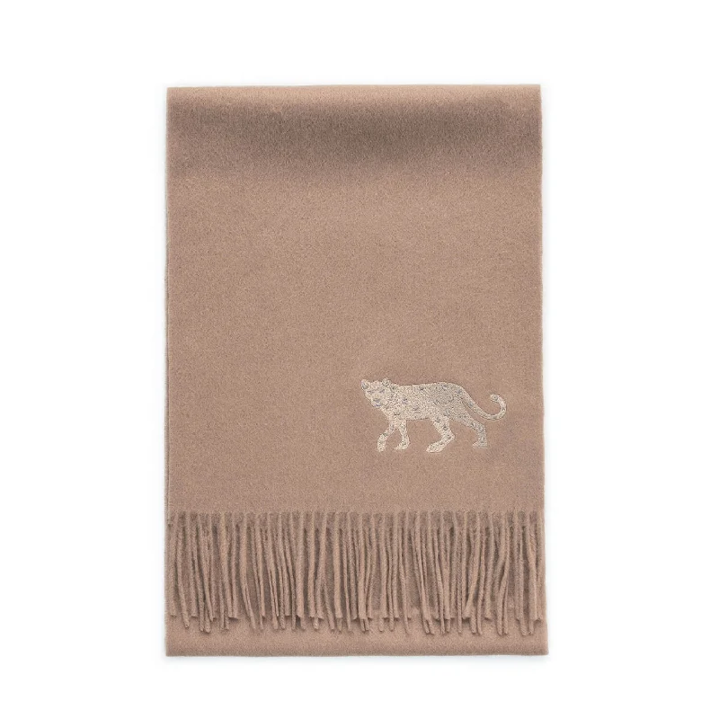 Scarves for active lifestyles -Cashmere Scarf With Leopard Embroidery - Beige