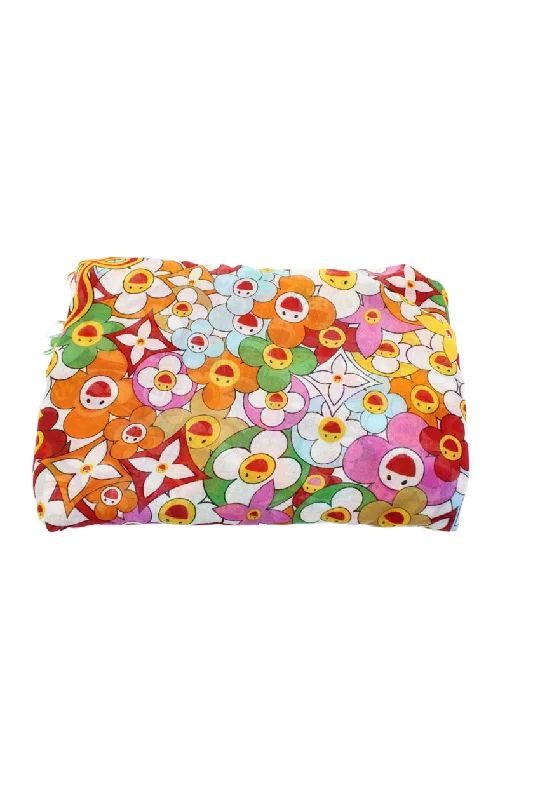 Scarves with cultural motifs -Louis Vuitton Floral Murakami Graphic Pattern Scarf Fringed Hem Multicolored