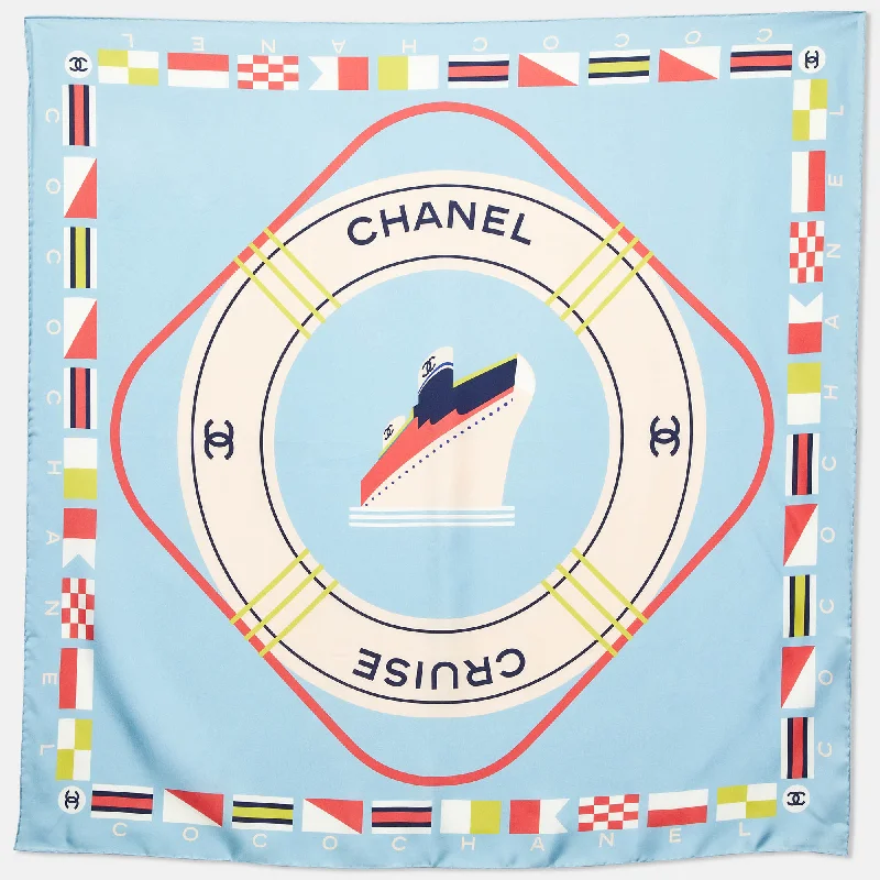 Scarves with fluffy pom-poms -Chanel Light Blue Cc Cruise Print Silk Square Scarf