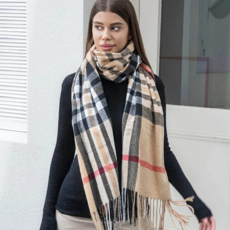 Scarves for hiking -Plaid blanket scarf with tassel