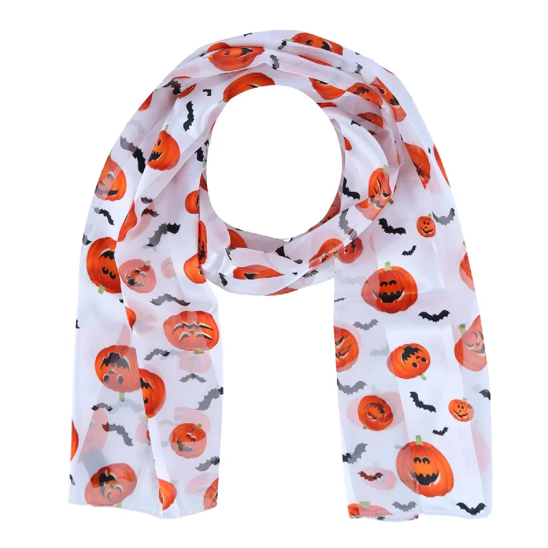 Scarves with hand-painted designs -Women's Halloween Pumpkin and Bat Holiday Print Lightweight Scarf