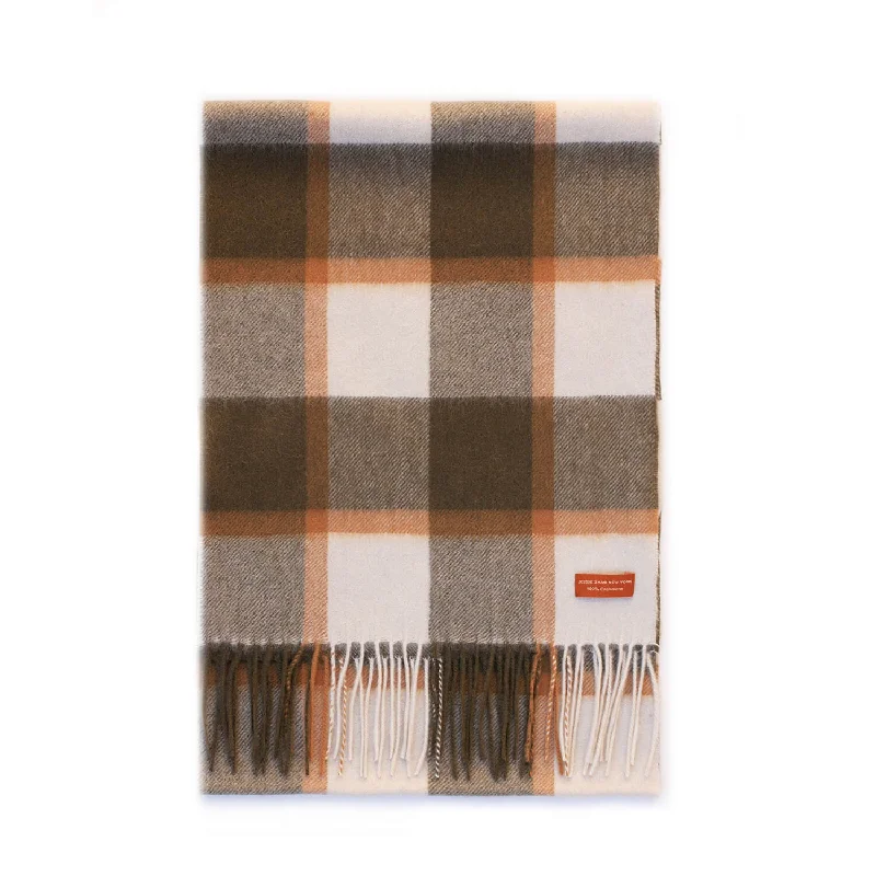 Scarves with light fringes -Cashmere Plaid Fringe Scarf - Coffee Brown