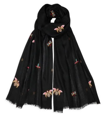 Scarves for trendy moms -Embroidered Insect Pashmina - Black