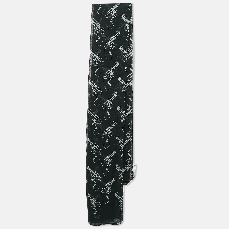 Scarves for stylish layering -Saint Laurent Paris Black Revolver Print Cashmere Voile Scarf