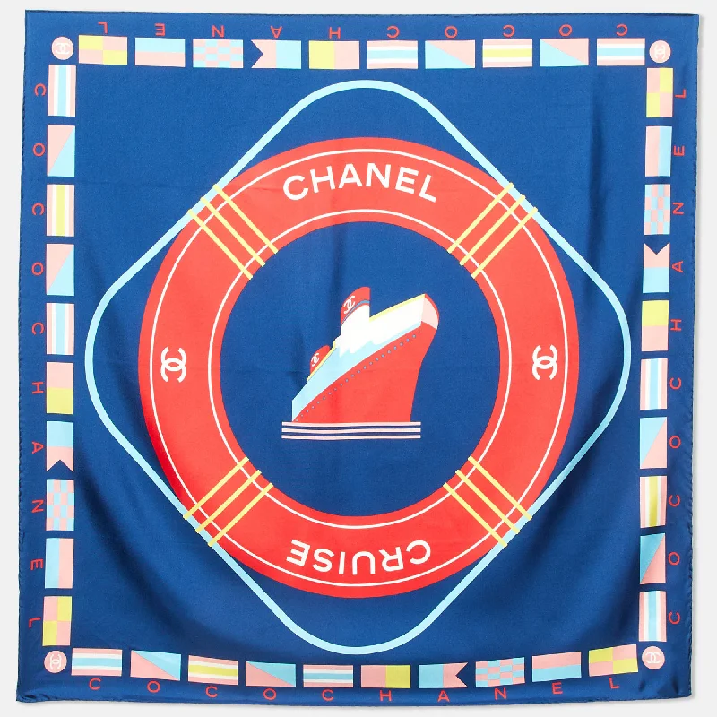 Scarves with old patterns -Chanel Navy Blue Logo Cruise Print Silk Square Scarf