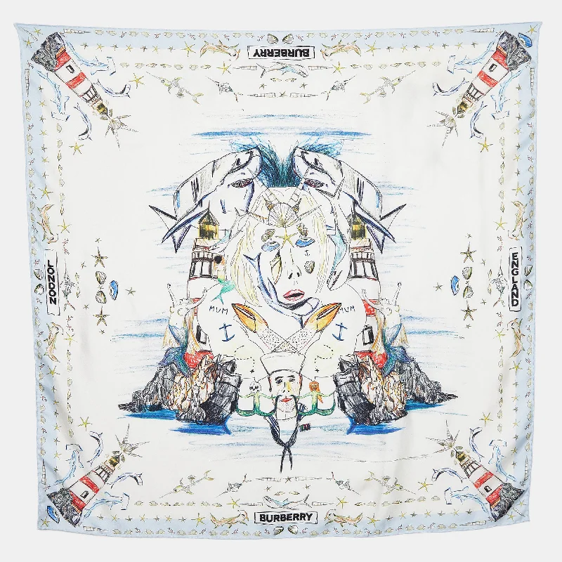 Scarves with name monograms -Burberry White Marine Sketch Print Silk Scarf