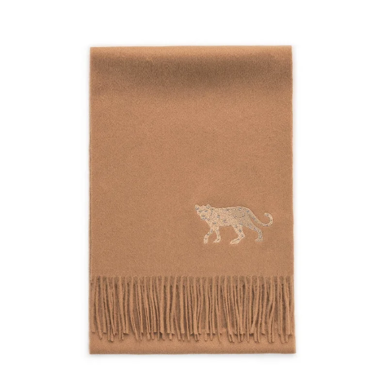 Scarves for fancy parties -Cashmere Scarf With Leopard Embroidery - Camel