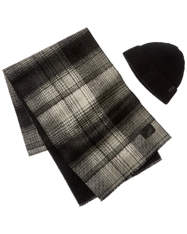 Mens Scarf Minimalist-Vince 2pc Double Face Wool & Cashmere-Blend Woven Scarf & Knit Hat Box Set