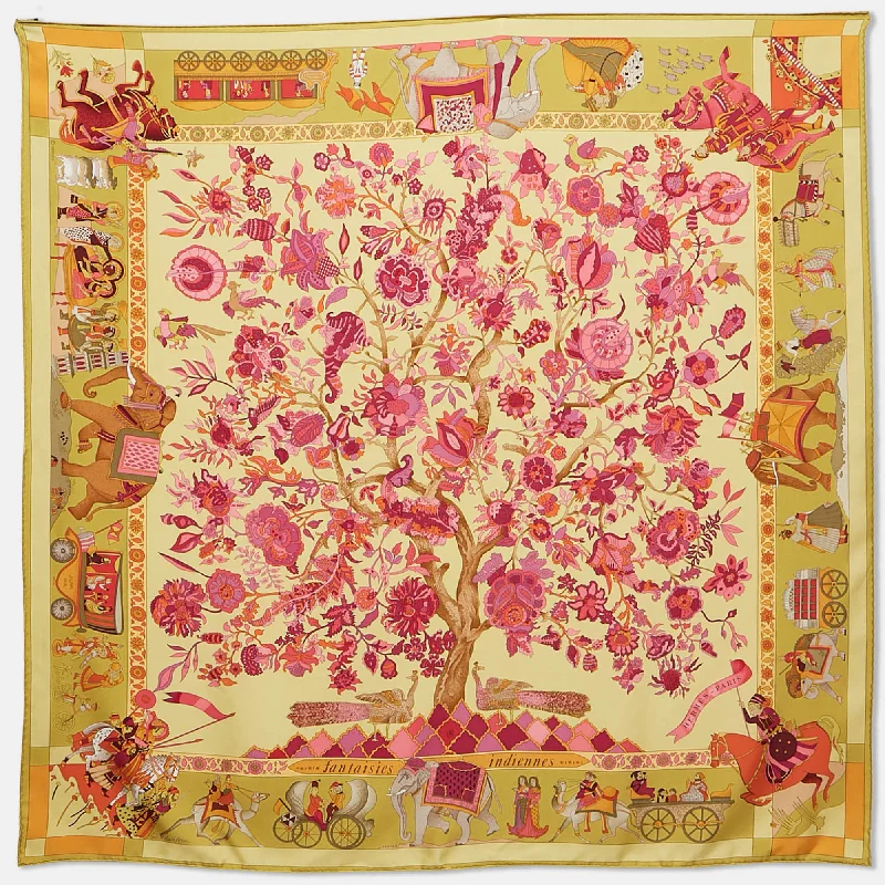 Scarves in sheer styles -Hermes Yellow/pink Silk Fantaisies Indiennes Scarf