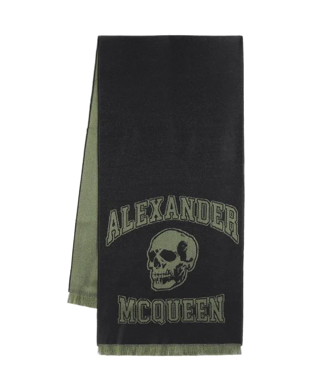 Mens Scarf Indoor-Varsity Skull Logo Scarf - Alexander McQueen - Wool - Black