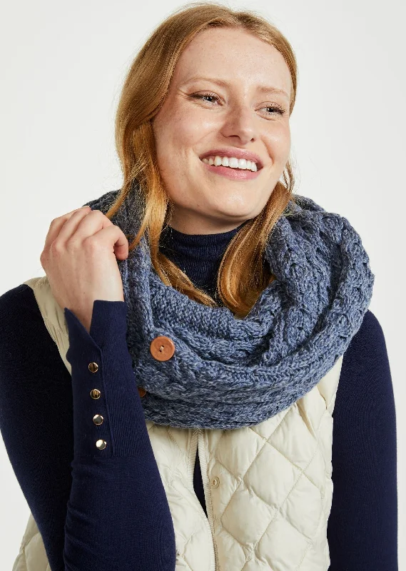 Scarves with tribal embroidery -Aran Buttoned Snood | Denim