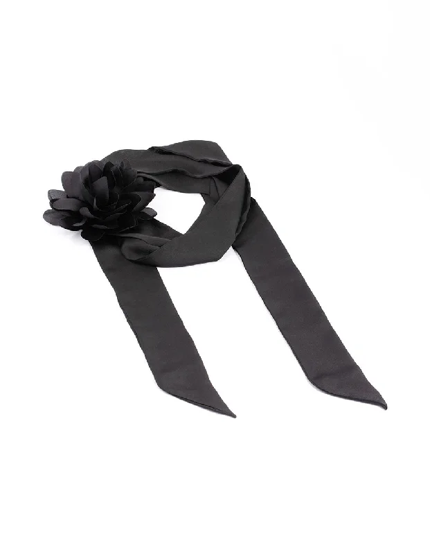 Scarves with fine weaves -Black Fabric Rosette Long Scarf