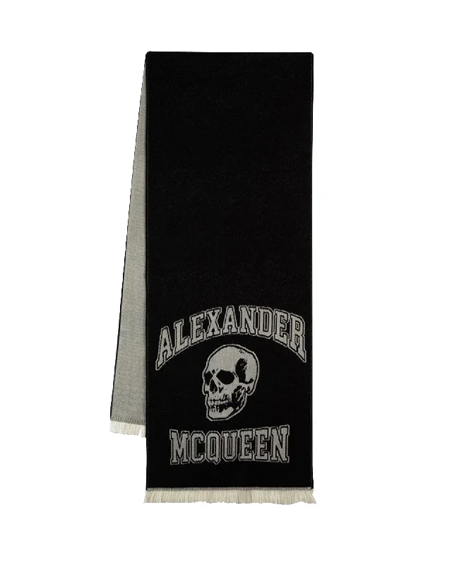 Mens Scarf Wide-Varsity Logo Skul Scarf - Alexander Mcqueen - Wool - Black/Ivory