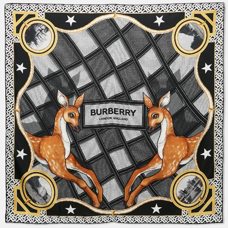 Scarves for kids -Burberry Black Deer Print Silk Square Scarf