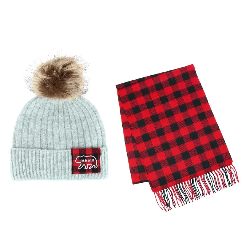 Scarves for snowy weather -Women's Mama Bear Winter Beanie and Matching Buffalo Plaid Scarf Set