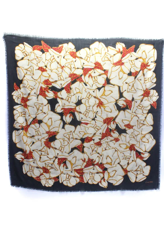 Scarves with bold florals -Chanel Womens Limited Edition Silk Wool Camellia Print Scarf Red Black Ivory L