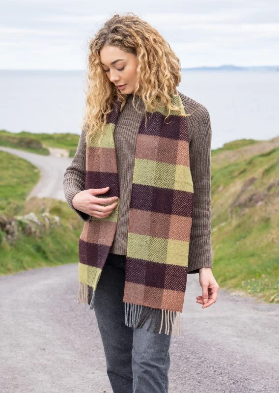 Scarves with check patterns -Cashmere Merino Scarf | Green Brown Block