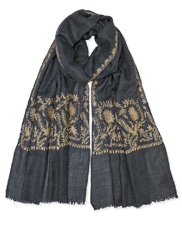 Scarves with fresh twists -Zari Stitched Border Pashmina - Grey/Gold