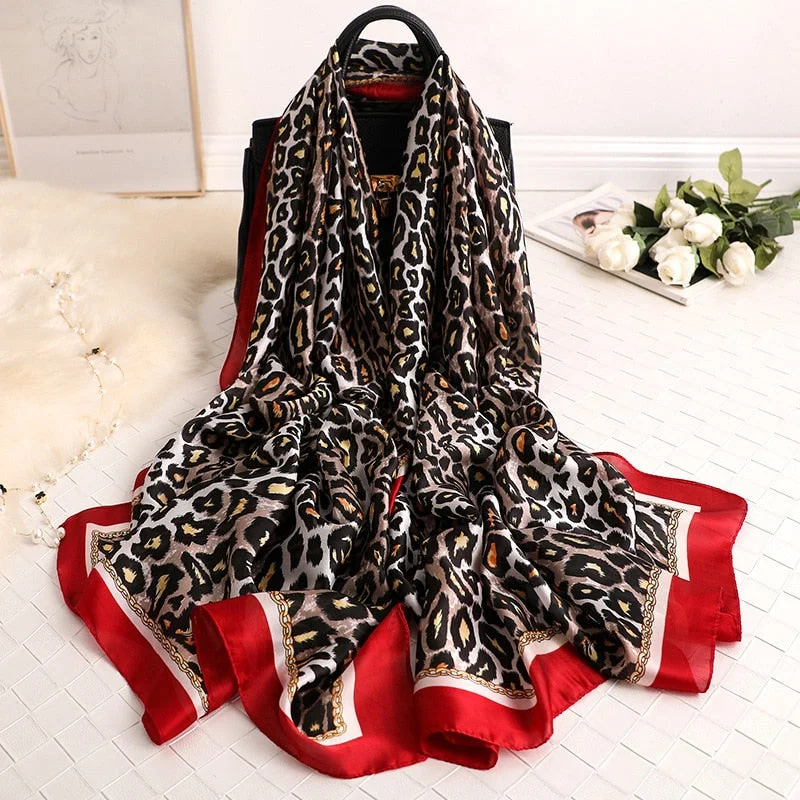 Shawls with lace overlay-2021 Luxury Brand Spring Autumn New Style Leopord Pattern Silk Scarves Women Shawl Fashion Warming Scarf Soft chiffon hijab