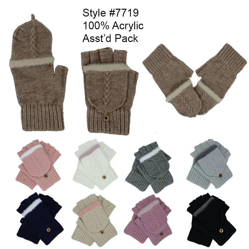 gloves for tailgating-12-pack Wholesale Knitted Women's Winter Fingerless Mittens Flap Gloves #7719