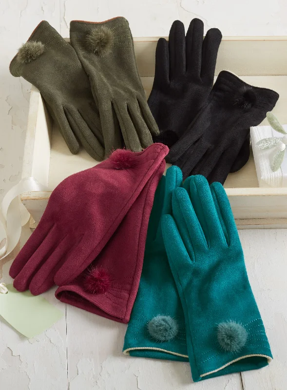 gloves for internships-Posh Pom-Pom Faux Microsuede Gloves