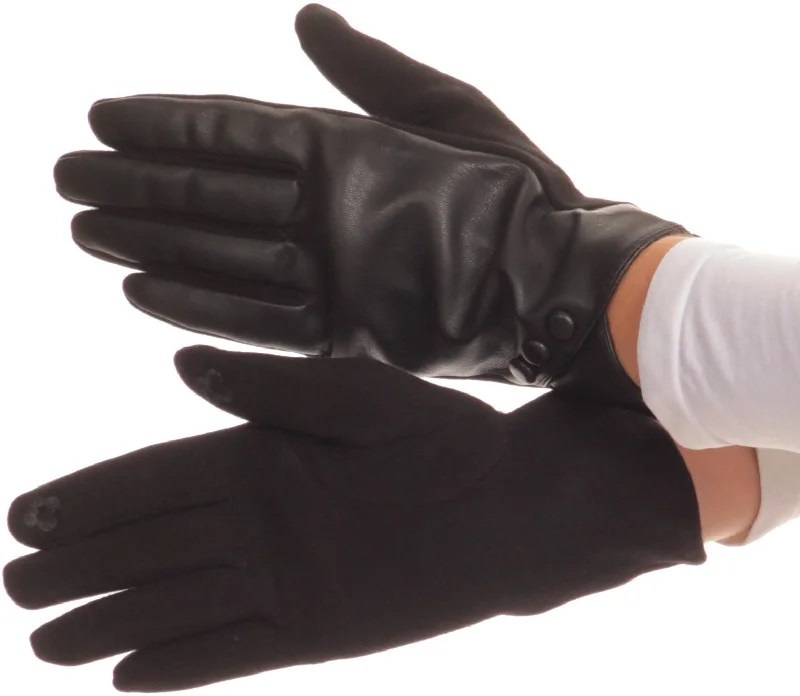 gloves for labs-Sakkas Pamb Faux Leather Heather Knit Button Front Warm Winter Touch Screen Gloves