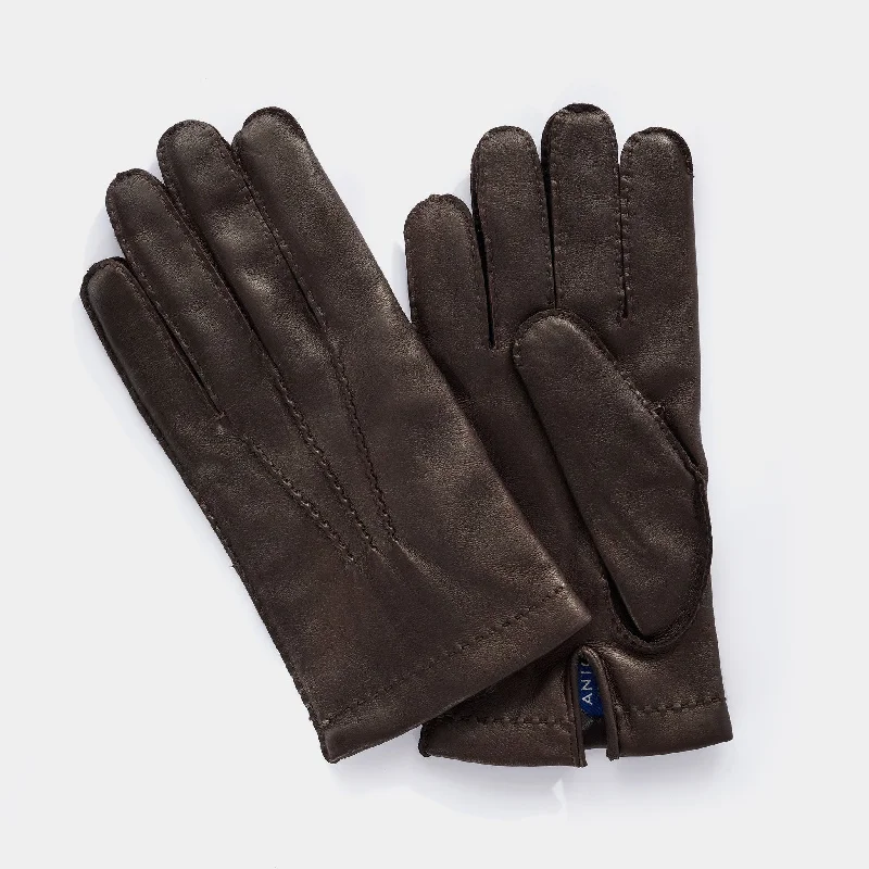 insulated gloves-Men's  Leather Gloves with Cashmere Lining in Chocolate Brown