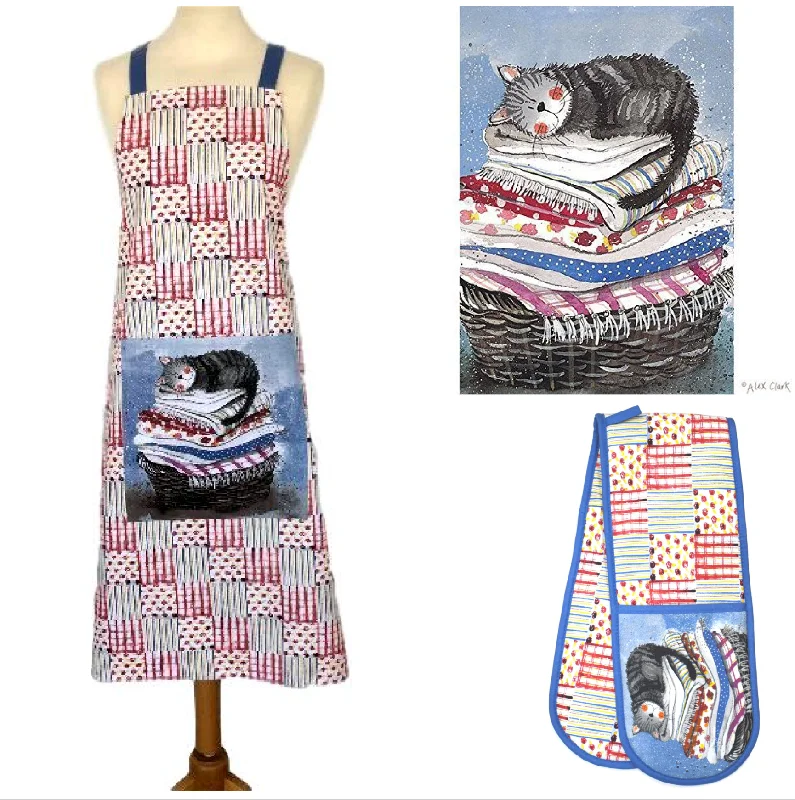 gloves for tomorrow-Cat Laundry Basket Double Oven Gloves, Apron and Tea Towel by Alex Clark - Gift Set