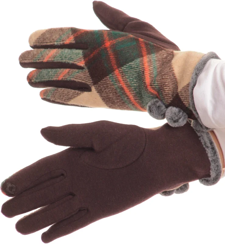 gloves for presentations-Sakkas Valy Classic Winter Checker Patterned Faux Fur Pom Pom Touch Screen Gloves