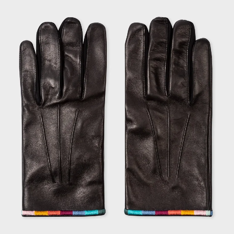 gloves for bike repair-Paul Smith - Men's Black Leather Gloves with Artist Stripe Trims