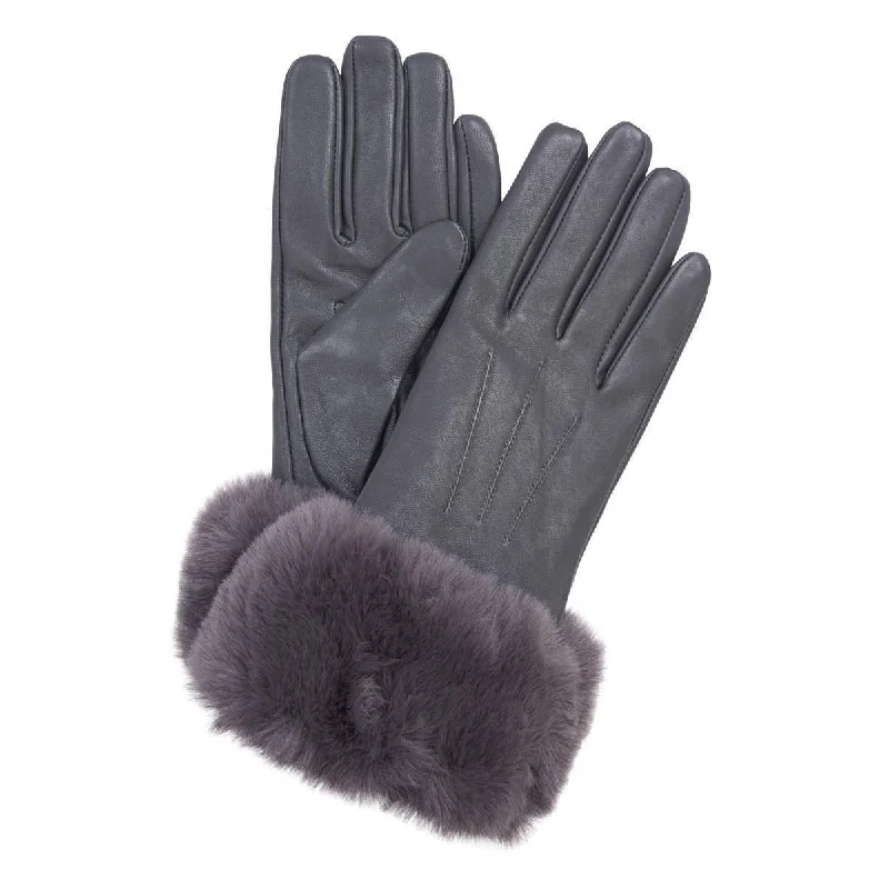 gloves for museums-Barbour Women's Fur Trimmed Leather Gloves in Navy